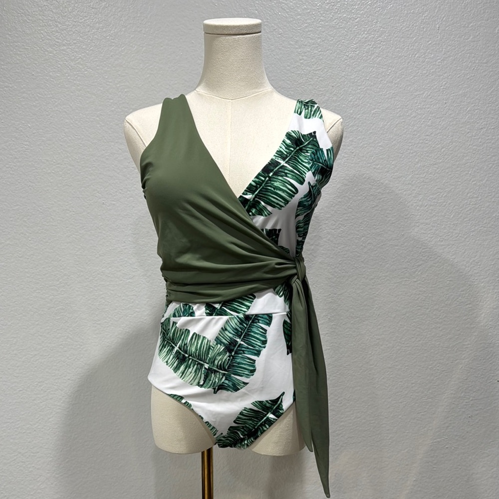 SHEIN Green and White One Piece Wrap Swimsuit